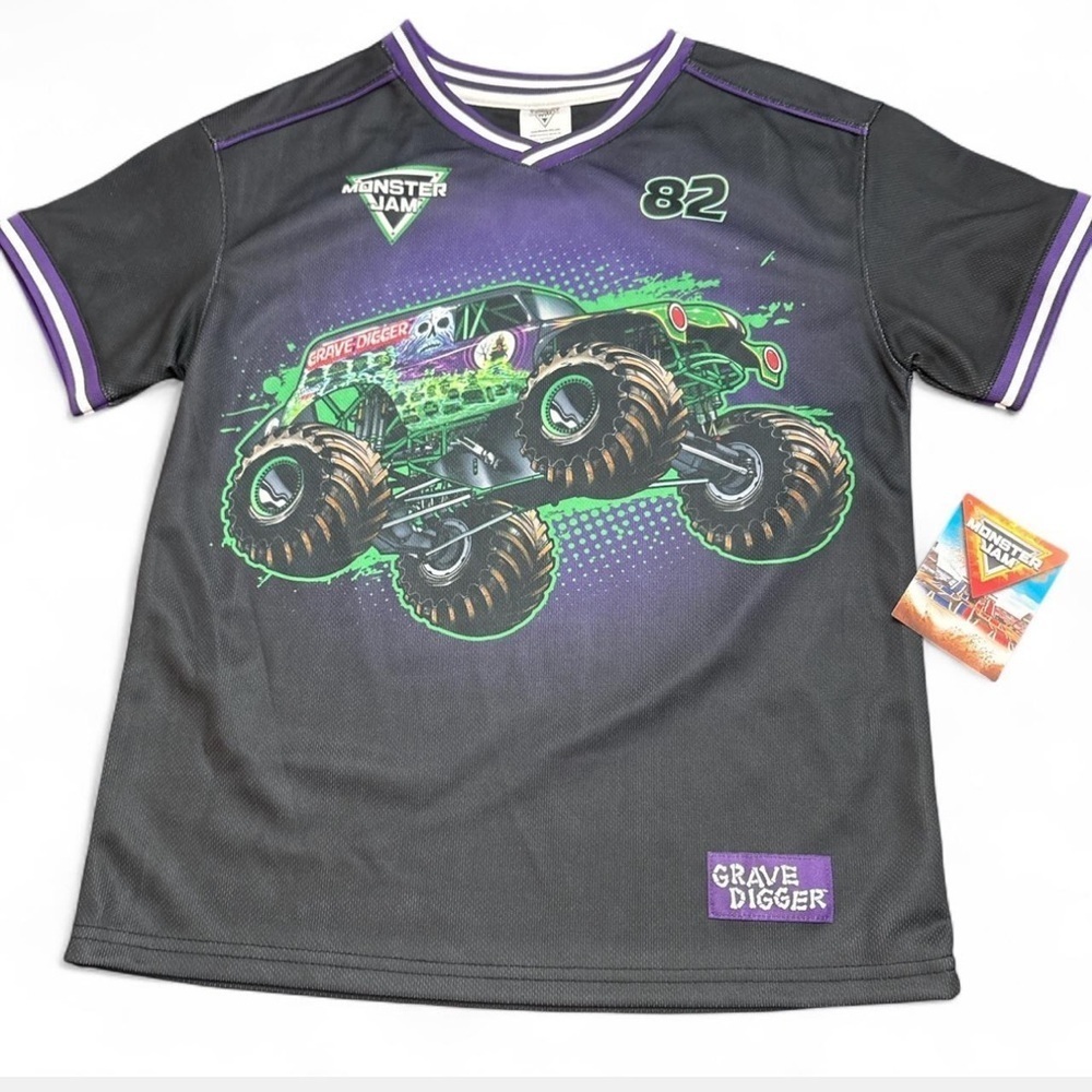 Grave Digger Monster Jam Jersey in Black and Purple Tshirt Sz L 10/12